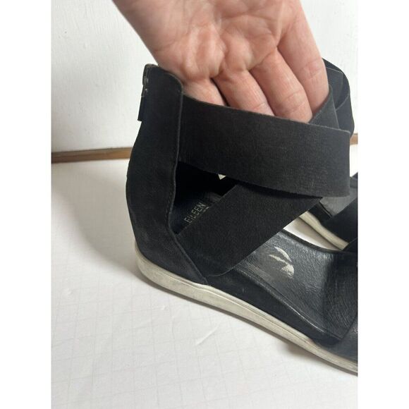 Eileen Fisher 7 Black Leather Criss Cross Back Zip Sport Platform Sandals - Picture 4 of 10